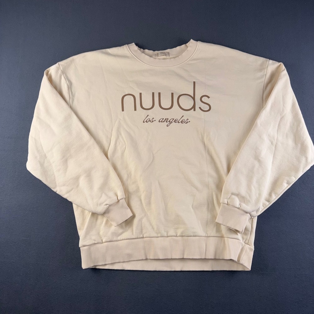 Nuuds Los Angeles Cream Oversized Crewneck Sweatshirt Logo Fleece Pullover Small